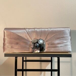 Melanie Lyne Champagne Taupe Satin Clutch w Jewel Accents – Approx. 11" Wide EUC